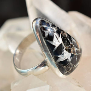 Longue Bague fantaisie argent Onyx et Cuivre